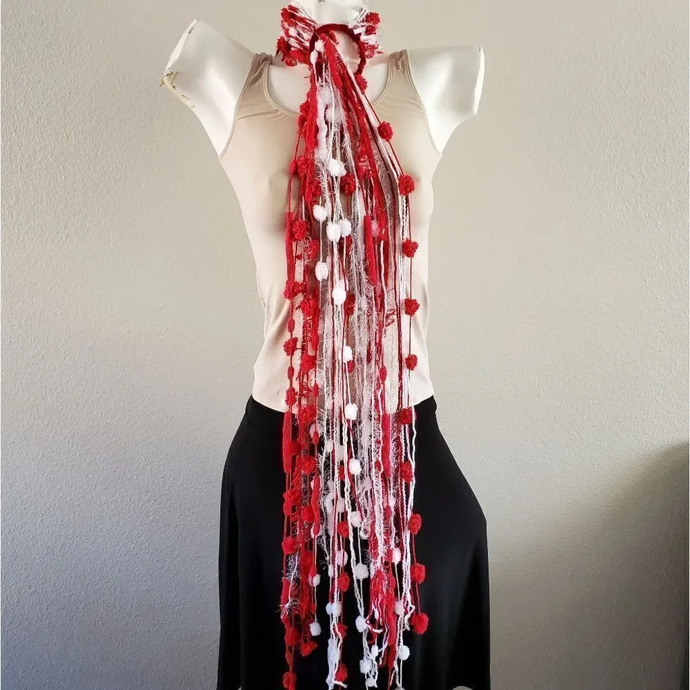 Hand Crafted Scarves or Boho Wall Hanging Decor Red White and Silver set of 4